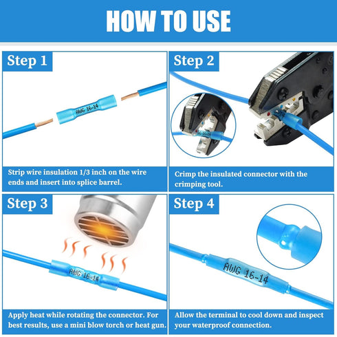 525PCS Heat Shrink Butt Connectors - Blue 16-14 AWG, Marine Grade Tinned Copper Crimp Splice Terminals