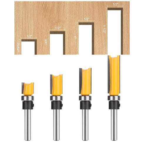 UTRUSTTO 1/4 Inch Set, 1/2", 25/64, 3/4, 1, 1-1/2. Pattern Flush Trim Router Bits Shank, Bottom Bearing Flush Trim