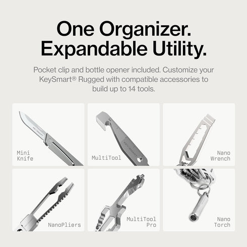 14 KeySmart Rugged - Multitool Key Holder for Keychain w/Bottle Opener and Pocket Clip, Organizer for Keys, EDC