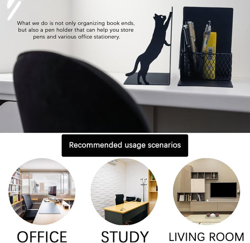 Cat Book Ends for Shelves, Metal Decorative Book Ends with Pen Holder, Fun Unique Bookends, Cool Black Cat Bookends