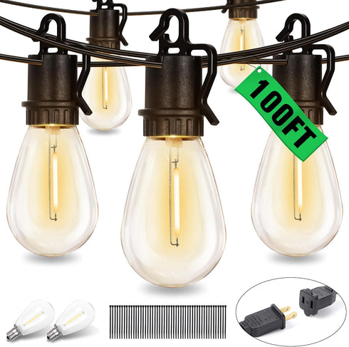 100FT 52 S14 Bulbs E12 Sockets,2700K Dimmable Lights,IP55 Outdoor String Lights with Shatterproof Vintage Edison