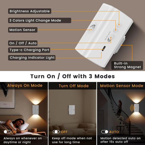 Dimmable, 2 Pack 2 Pack) easuntec Rechargeable Motion Sensor Night Light Warm White, Wireless Magnetic Stick-on