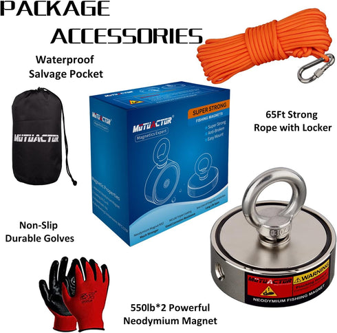 MUTUACTOR Neodymium Fishing Magnet, Double Sided 1100lbs Heavy Duty with 65Ft Rope and Waterproof Bag