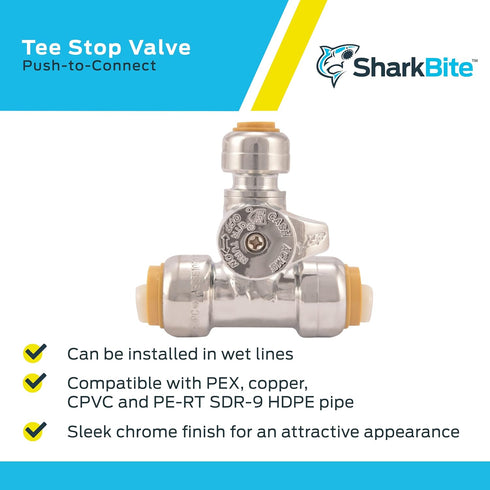 SharkBite 1/2 x 1/2 x 1/4 Inch Compression Tee Stop Valve, Push to Connect Brass Plumbing Fitting