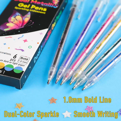 Dyvicl Dual Metallic Gel Pen Set of 6, Liquid Glitter Iridescent Pens for Adult Coloring, Doodling, Scrapbooking