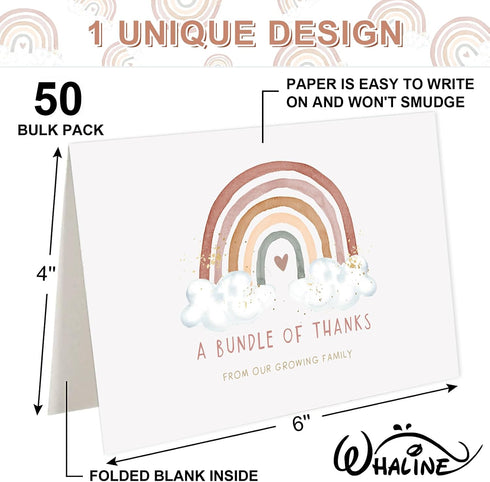 50 Pack Whaline Baby Shower Thank You Cards Bulk Boho Rainbow Blank Note Cards Greeting Card with Envelopes Stickers