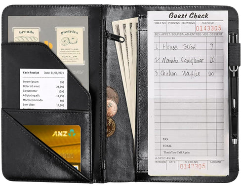 GYSYZJDH Server Book for Waitress PU Leather Cute Server Organizer with Zipper Pocket, Card & Money Holder, Pen Loop