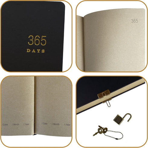 Vintage 365 Journal with Lock and Key, A5 Black Hardcover Diary for Adults, Men, Women