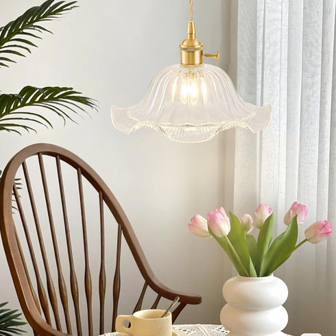 FONTA VERDE Vintage Pendant Lights Kitchen Island, Adjustable Brass Pendant Light Fixtures with Transparent Lily Glass