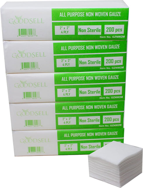 1000 PCS Premium 4-ply Non-Woven Sponge Gauze Pad (2" X 2") - Dental, Salon, All Purpose - White (5 Packs x 200 Counts)