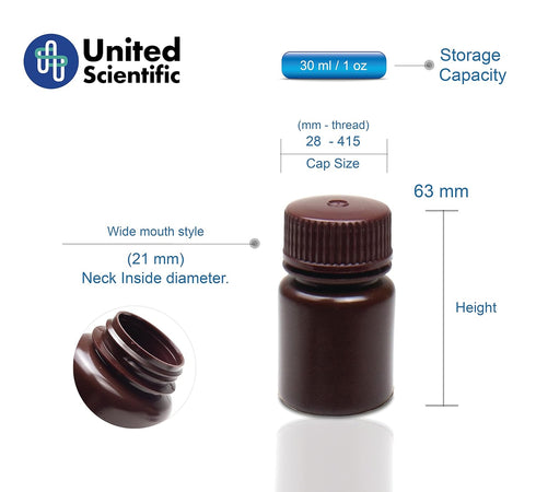 United Scientific Supplies 33461 Laboratory Grade HDPE Wide Mouth Amber Reagent Bottle, 30mL (1oz) Capacity, Pack of 72