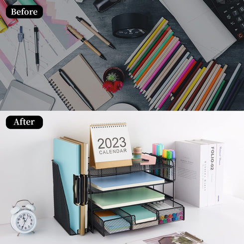 gianotter 4-Tier Desk Organizer with Drawers, File Holders, and Pen Holders for Office Supplies, Black