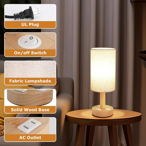 Cozy Small Bedside Table Lamp with AC Outlet, Natural Wood Base & Linen Shade, Mini Cute Warm White Nightstand Boho