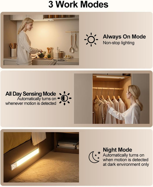 pliow 2500mAh Counter Dimmable Closet 2 Pack LED Under Cabinet Lighting | Motion Sensor Under Lights for Kitchen | USB