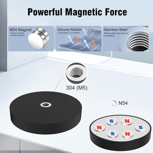 2pcs, 35 lbs N54 M5 (1.69" 43mm) Heavy Duty Rubber Coated Magnets, Force, Strength, Thread, /