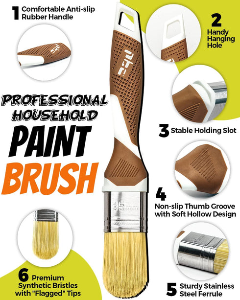 3 Pack Professional Paint Brushes Set, 1", 1.5", 2" House Paint Brushes with Premium Synthetic Bristles