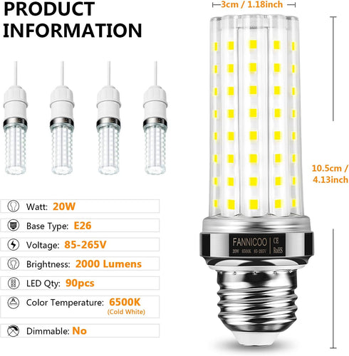 LED Corn Light Bulb 150W Equivalent 2000 Lumen 6500K Cool Daylight White 20W E26/E27 Base Non-dimmable Ceiling Fan Corn Lighting for Home Garage Warehouse Indoor LED Corn Bulbs Pack of 4 by FanNicoo