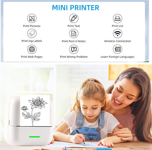 Mini Printer Thermal Sticker Printer with 11 Rolls Thermal Paper and Sticker for iOS&Android,Portable Bluetooth Pocket Printer for Study Notes, Pictures, DIY, Label