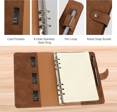 FYY Leather A5 6 Ring Binder Notebook, PU Leather Refillable with Pockets, Dividers, Refill Paper, Brown