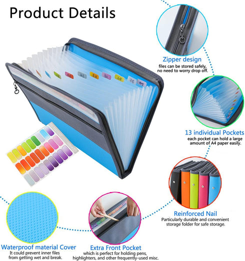 NAFY Expanding File Folder, 13 Pockets Document Organizer with Zipper, A4 Letter Size Portable Accordion Expanding File