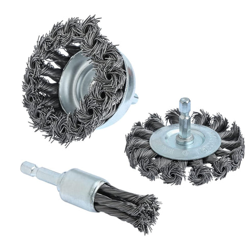 3PCS 3 Inch Knotted Wire Wheel Cup Brush Set, 1/4" Shank for Drill, Perfect for Rust Removal & Paint