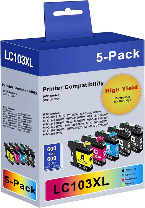 LC103 LC103XL High Yield Ink Cartridges, Replacement for Brother, 5 XL Pack