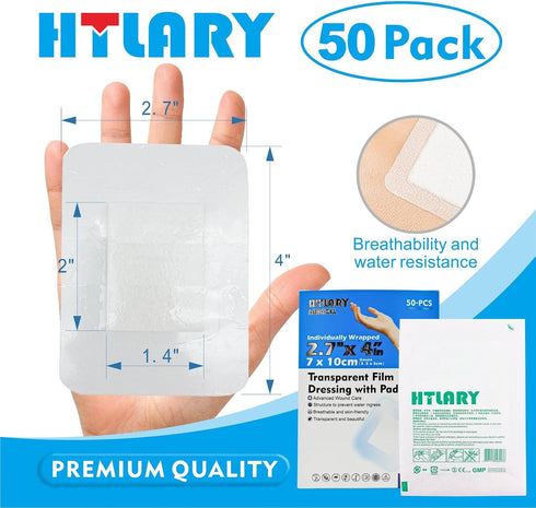 50-Pack (2.7x4) Waterproof Transparent Film Dressing with Absorbent Pad Sterile Adhesive Bandages Post-Surgical Wound