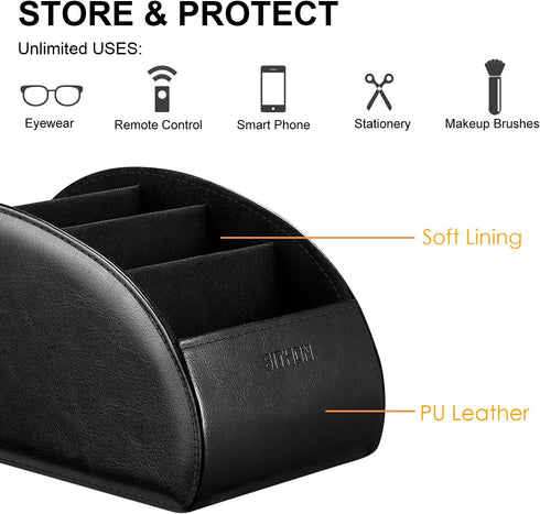 SITHON Remote Control Holder with 5 Compartments, PU Leather Remote Caddy Desktop Organizer for TV, Media Players, Black