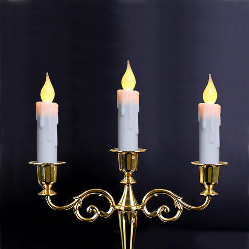 CVHOMEDECO. Set of 3 Flickering Taper Candles, LED Drip Flameless Candles, Battery Operated with Timer, White, 4-3/4