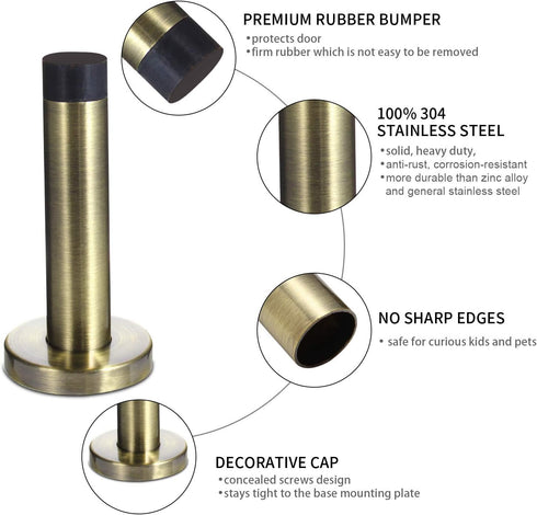 Decorative Door Stoppers, 3.5 Inch 304 Stainless Steel Heavy Duty Door Stops with Rubber Tip Bumper, 2 Pack Antique
