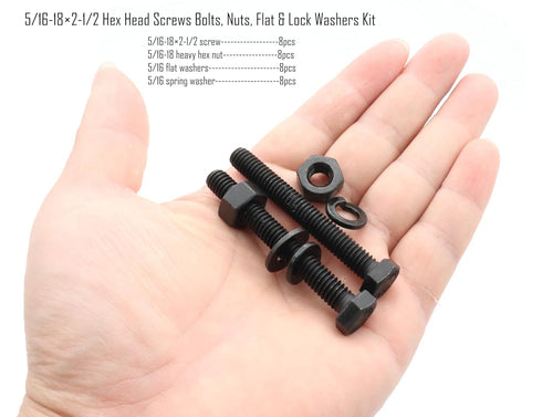 LBY 8 Sets 5/16-18×2-1/2'' Hex Head Screws Bolts, Nuts, Flat & Lock Washers Kit, Alloy Steel (Black)