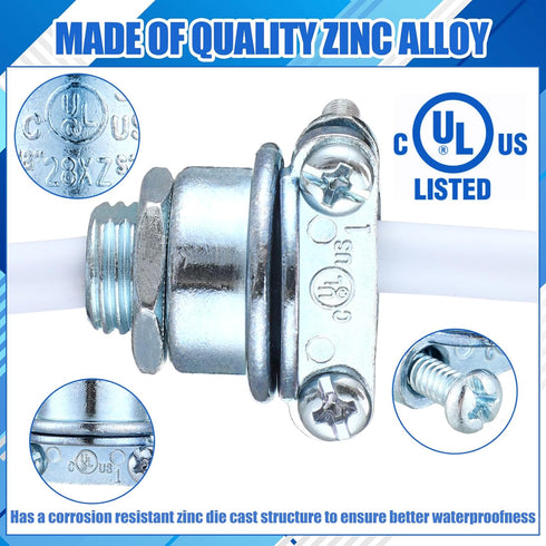 Nm Clamp Type Cable Connectors, 1/4 Inch Metal Electrical Box Wire Clamps for Metallic Conduit, Zinc Alloy (10 Pcs)