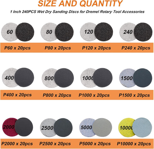 279PCS 1Inch Accessories,60-10000 Sanding Discs and Drum for Dremel Tool Grit Hook and Loop Sandpaper for Polishing