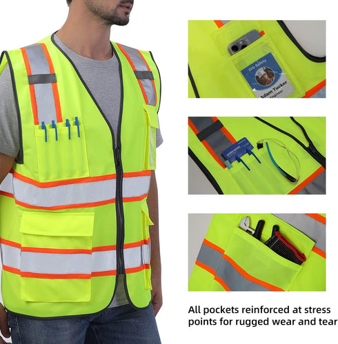 Reflective Vest, High Visibility Two Tone with Pockets and Zipper, ANSI Class 2 Compliant, Yellow with Orange Trim