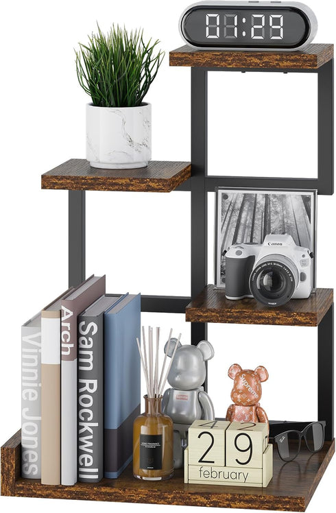 YMYNY Desktop Shelf Organizer, 4 Tier Storage Display Rack, Small Bookshelf with Metal Frame for Office, Rustic Brown