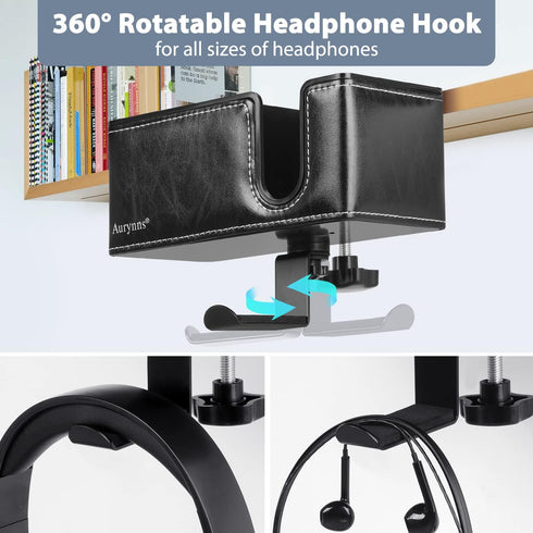 Desk Cup Holder Clip-on Pen Holder, Rotatable Headphone Hanger and Headset Stand Clamp Hook Under Desk (Black)