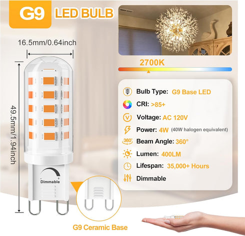 G9 Bulb Dimmable 4W 40 2700K T4 G9 9 Bulb 120V 400LM 10 Pack LED Equivalent Watt, Warm White, Bi-pin Base Halogen