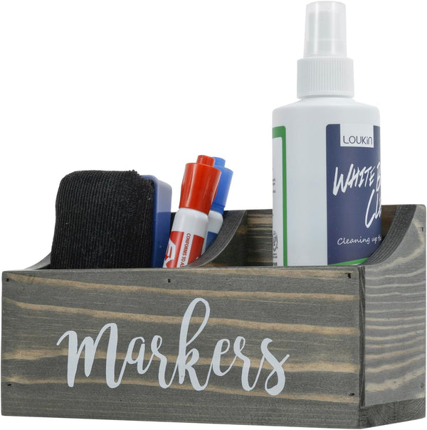 MyGift Magnetic Mount Vintage Gray Solid Wood Dry Erase Marker and Eraser Holder, Desktop Organizer with 2 Compartments