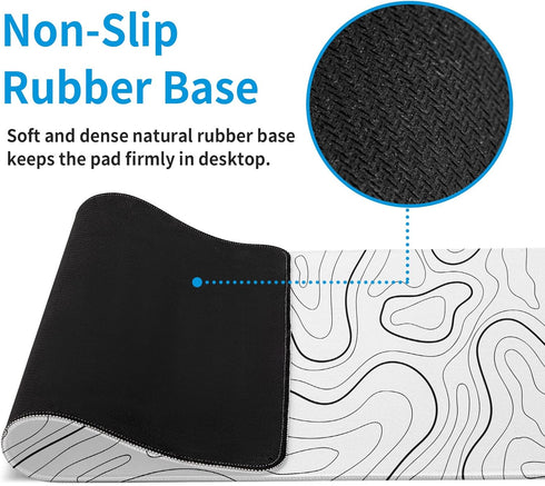 White Big Mousepad for Gaming, Large Topographic Map Washable Desk Pad, Office Supplies and Decor, 31.5''x11.8''