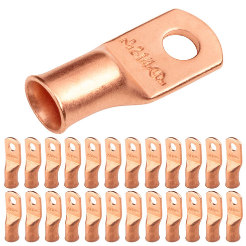 SELTERM 25pcs 2 AWG 1/4" Stud Battery Lugs - Heavy Duty Copper Wire Lugs, Battery Cable Ends, UL Bare Copper Eyelets