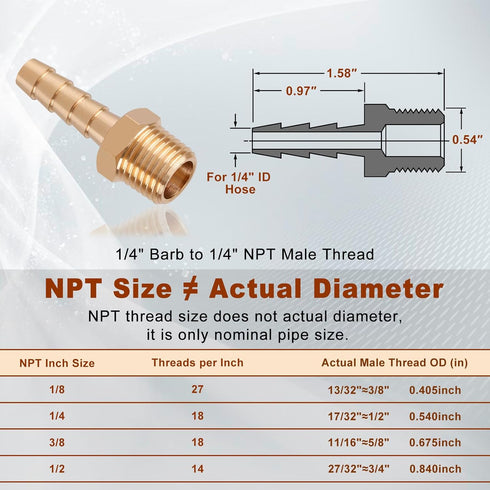 5pcs Brass Hose Barb Fittings (1/4 Inch Barb to 1/4 Inch NPT Male Thread Air Hose Fittings Adapter Connector for Water