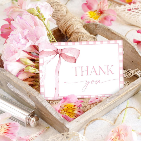 50Pcs JarThenaAMCS Pink Bow Thank You Cards with Envelopes Stickers Greeting Card Watercolor Bow Checkered Blank Note