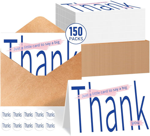Frelimiu 150 Pack Thank You Cards with Envelopes & Stickers 4x6in Gold Foil