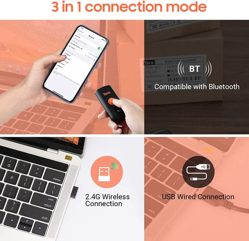 Tera Mini 1D 2D QR Wireless Barcode Scanner, Waterproof Shockproof Pocket Scanner, 3-in-1 BT & USB Reader, 1100D