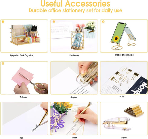 Gold Desk Organizers and Accessories Set - Office Supplies with Stapler, Pen Holder, Phone Holder, Scissors, Clips,