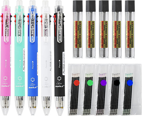 Baile 6 in 1 Multifunctional Pen, 0.7 mm Ballpoint Pen with 5 Colors and 0.5 mm Mechanical Pencil in One