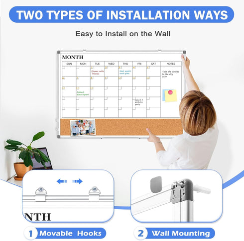 Monthly Calendar Whiteboard Dry Erase Cork Board Combo, 30" x 20" Magnetic Double-Sided Calendar