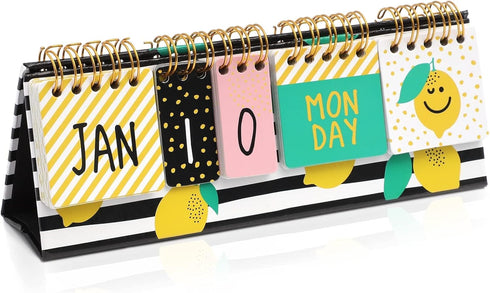 Lemon Perpetual Flip Calendar for Office Desktop, Classroom Supplies, Desk Calendar with Day, Date, Month Display (8 x