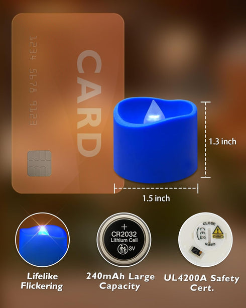 200+Hour 24-Pack Homemory Blue Tea Lights Candles Battery Operated, Flameless Flickering Fake Electric LED Colored