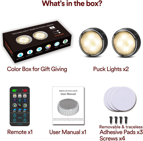 TECOMLIGHT Closet Counter 2 Pack LED Puck Lights with Remote Control, Battery Operated Wireless Lights, Under Cabinet